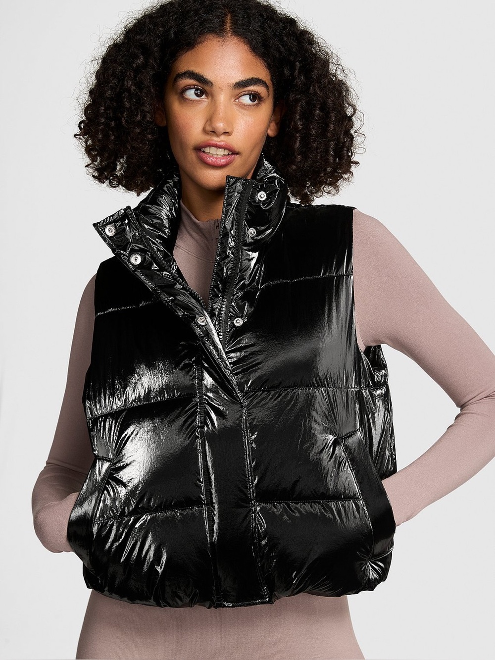 PINK Victoria's Secret Black Shiny Quilted Puffer Vest